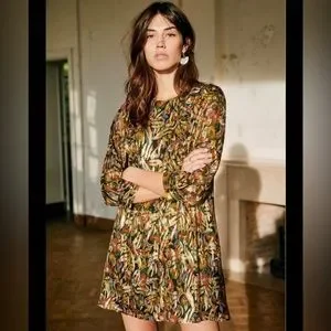 Sezane Marcella mini Silk Shift Dress Gold Metallic Printed Ruffle size 2